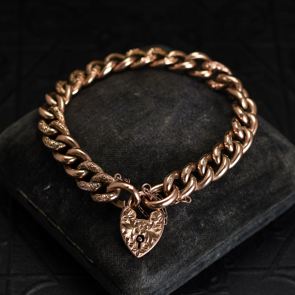 Edwardian Rose Gold Curb-Link Heart Padlock Bracelet