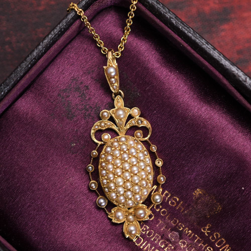 Victorian 15k Gold Pavé Pearl Pendant
