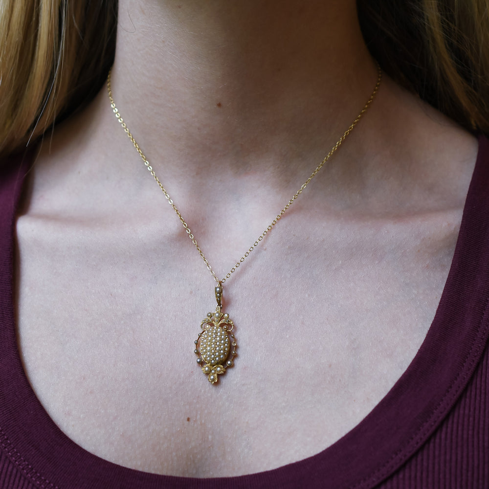 Victorian 15k Gold Pavé Pearl Pendant