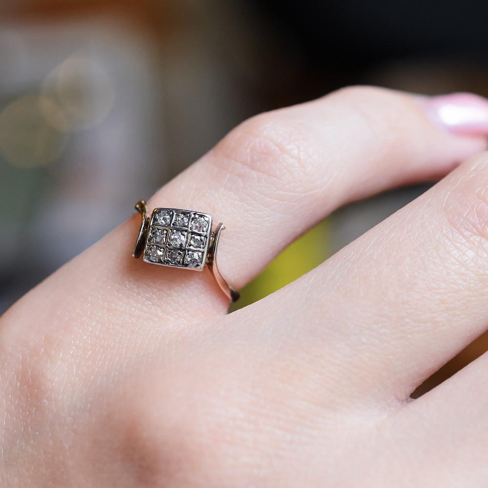 Art Deco Diamond Square Cluster Crossover Ring
