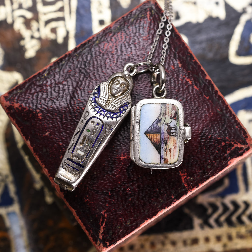 Egyptian Revival Enamel Moses & Sarcophagus Pendants