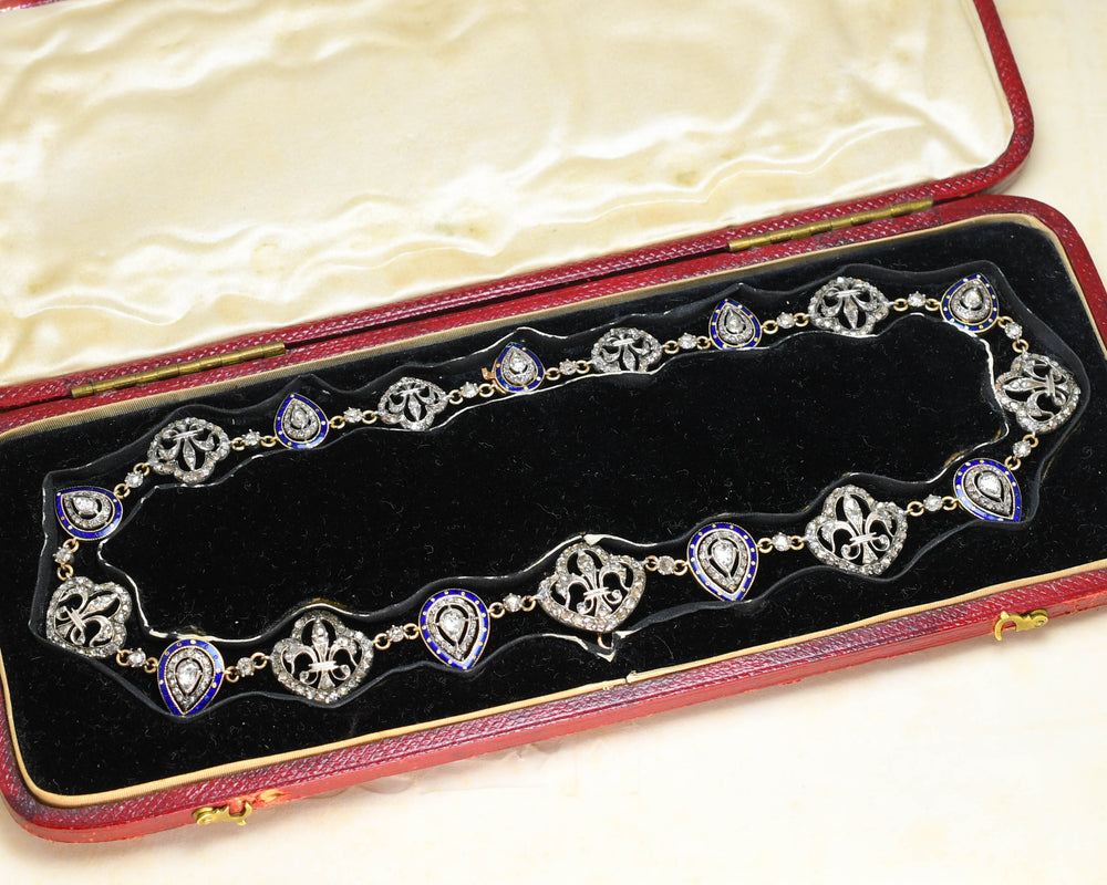The July Monarchy Diamond & Enamel Fleur-De-Lys Boxed Necklace