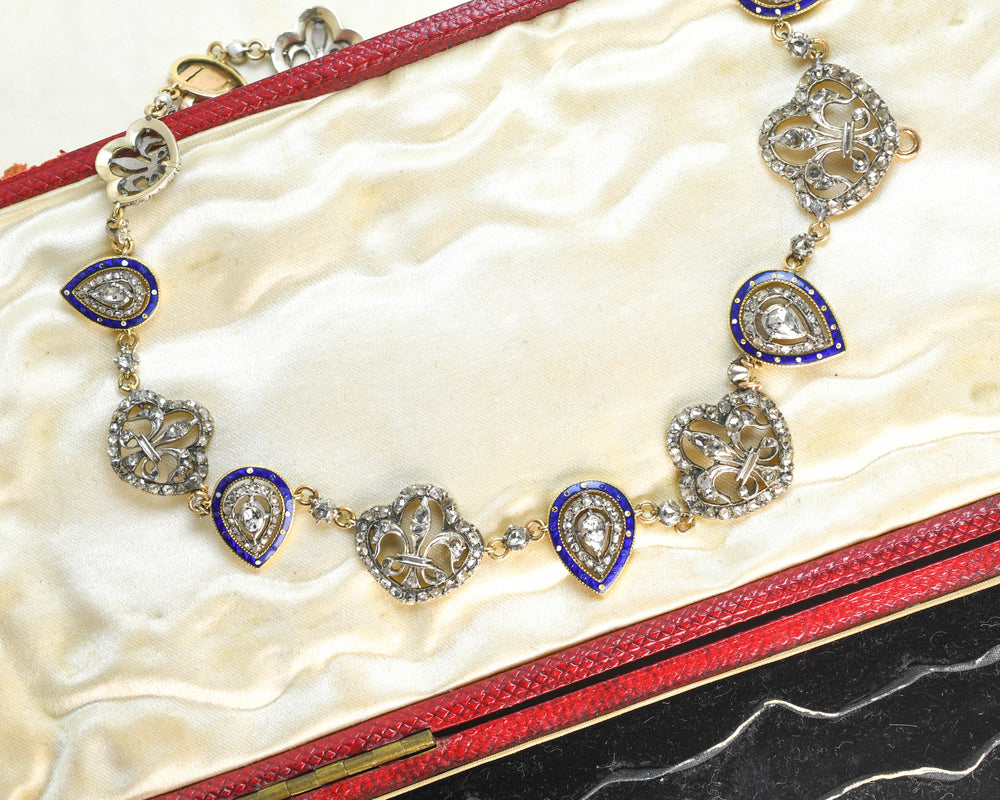The July Monarchy Diamond & Enamel Fleur-De-Lys Boxed Necklace