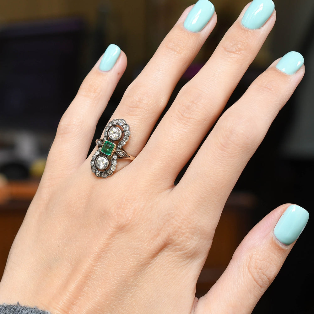 Victorian Emerald & Diamond Bow Cluster Ring