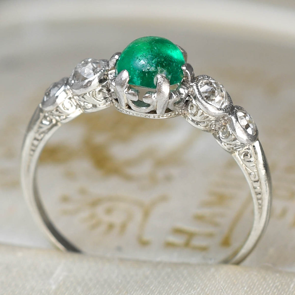 Edwardian Emerald Cabochon & Diamond 5-Stone Ring