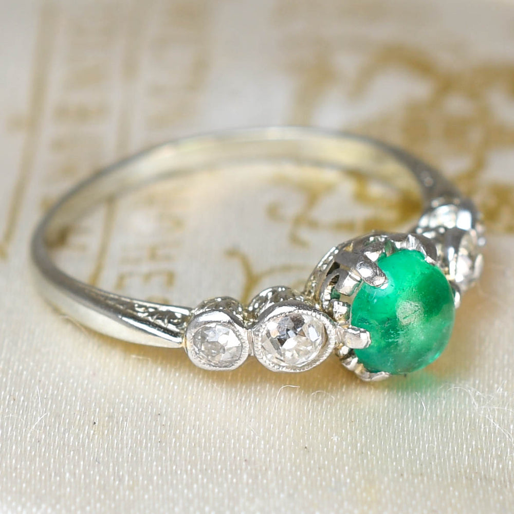 Edwardian Emerald Cabochon & Diamond 5-Stone Ring