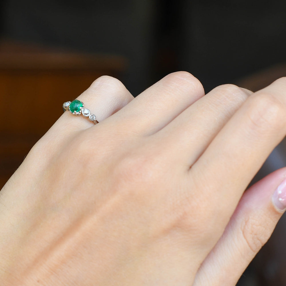Edwardian Emerald Cabochon & Diamond 5-Stone Ring