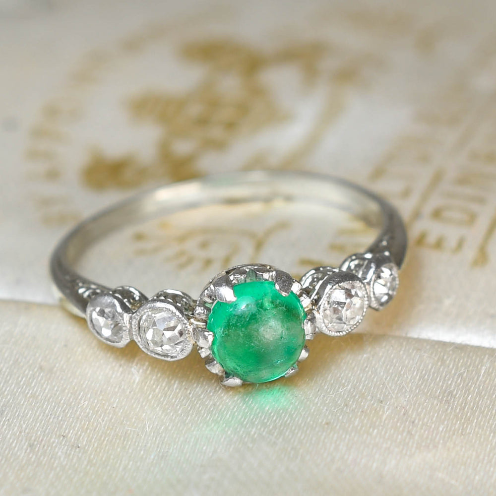 Edwardian Emerald Cabochon & Diamond 5-Stone Ring