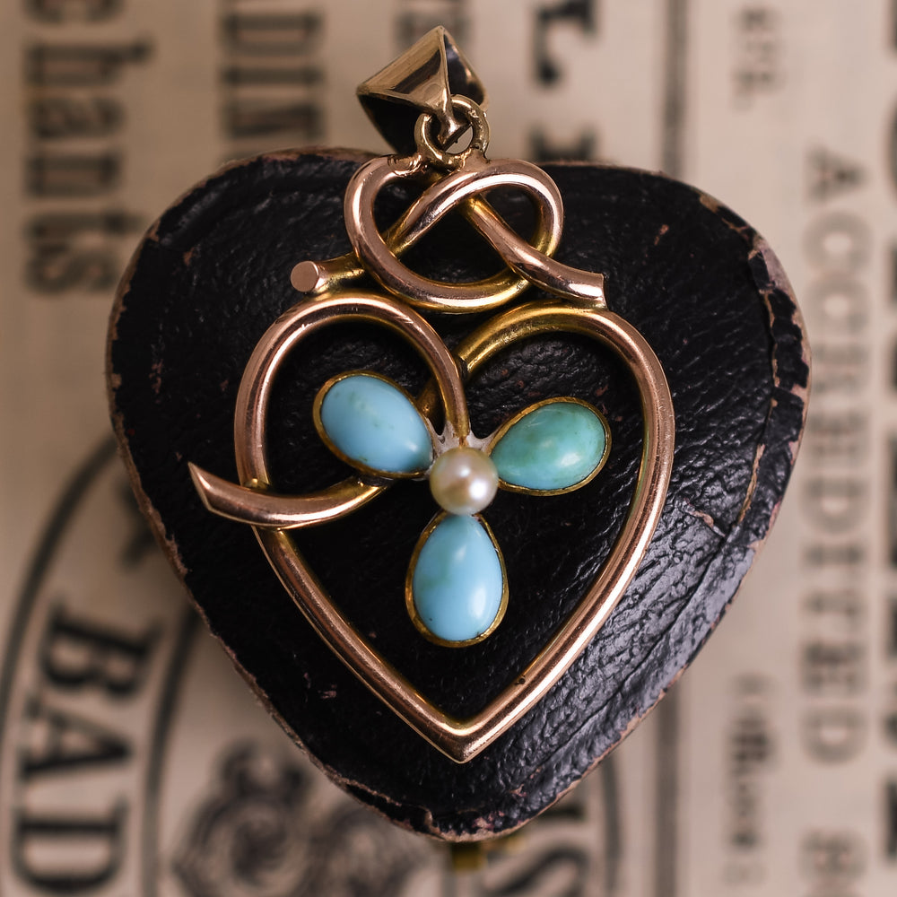 Art Nouveau Turquoise & Pearl Heart Pendant