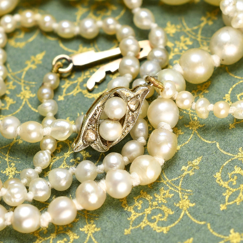 Antique Natural Pearl Necklace with Rose Cut Diamond Clasp