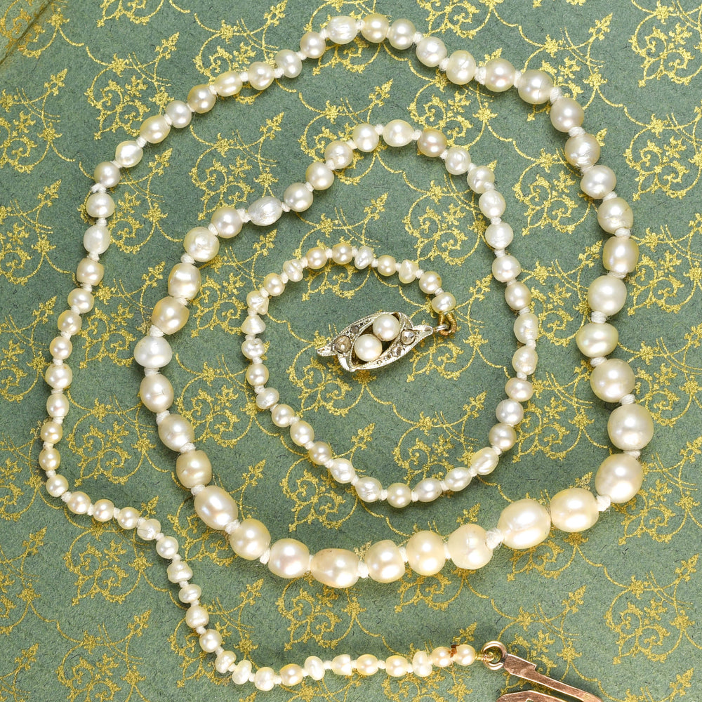 Antique Natural Pearl Necklace with Rose Cut Diamond Clasp