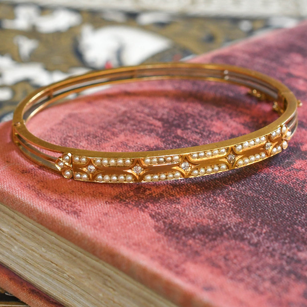 Edwardian Diamond & Pearl Star Bangle