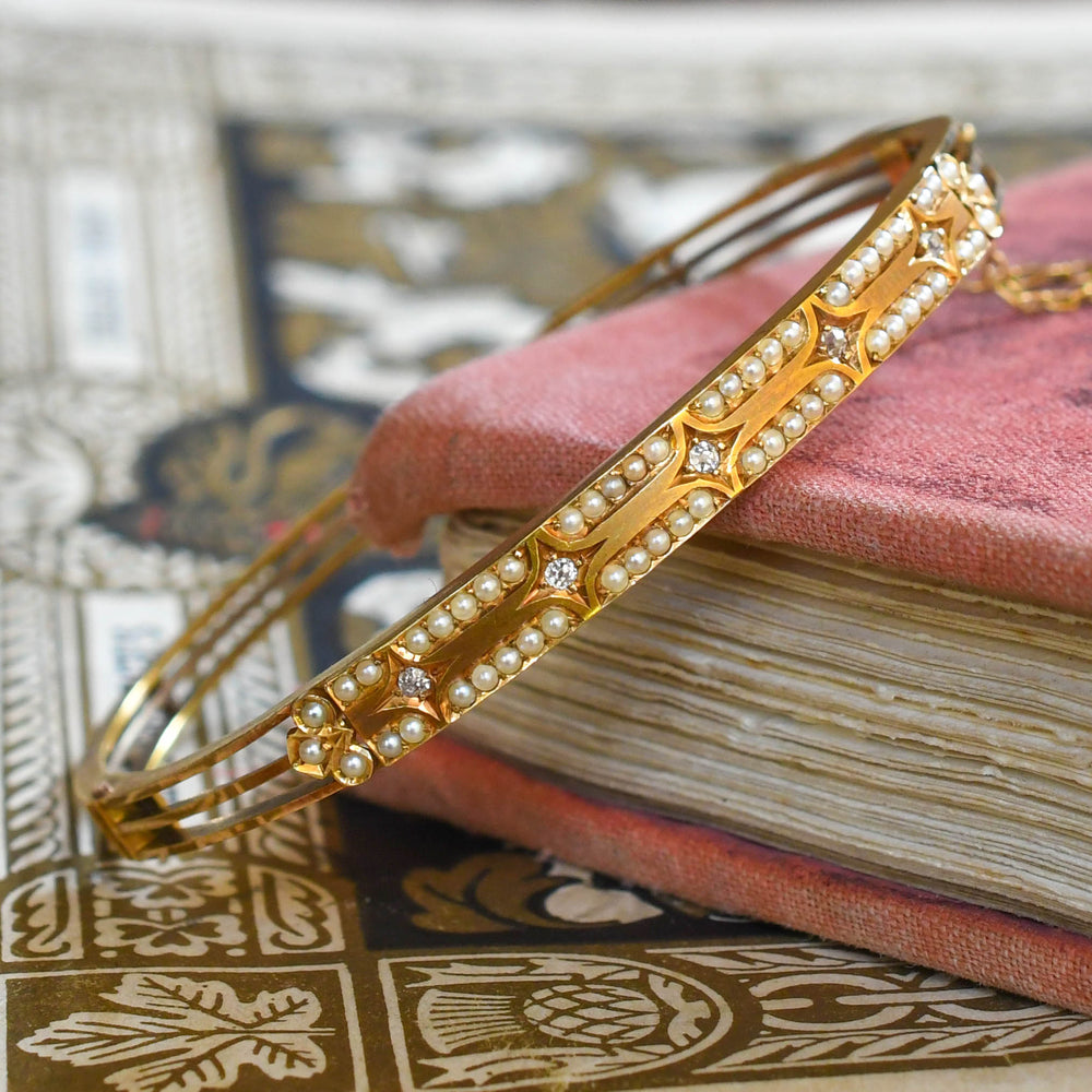 Edwardian Diamond & Pearl Star Bangle