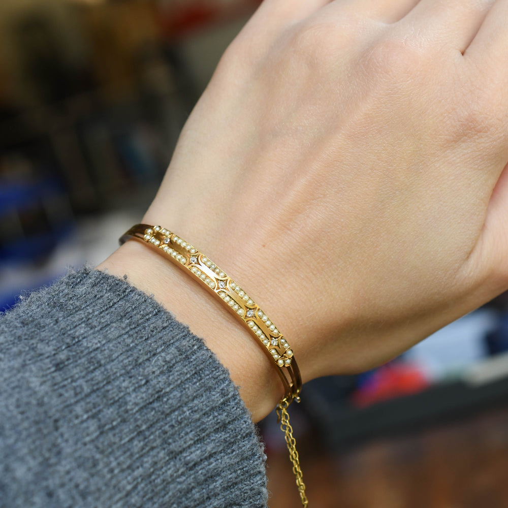Edwardian Diamond & Pearl Star Bangle