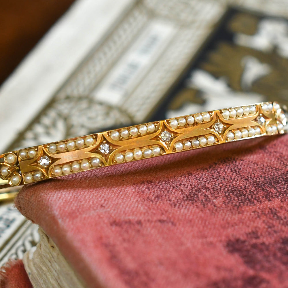 Edwardian Diamond & Pearl Star Bangle