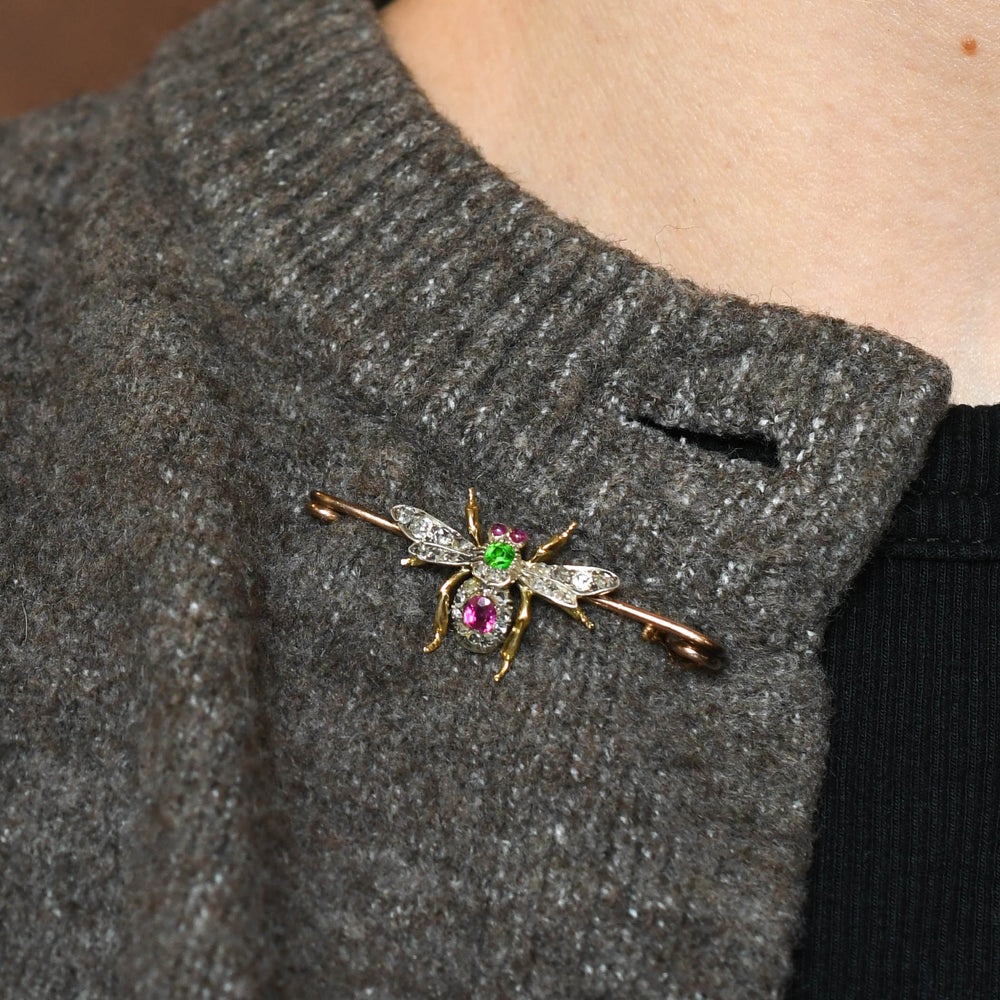 Victorian Demantoid Garnet, Burma Ruby & Diamond  Insect Brooch
