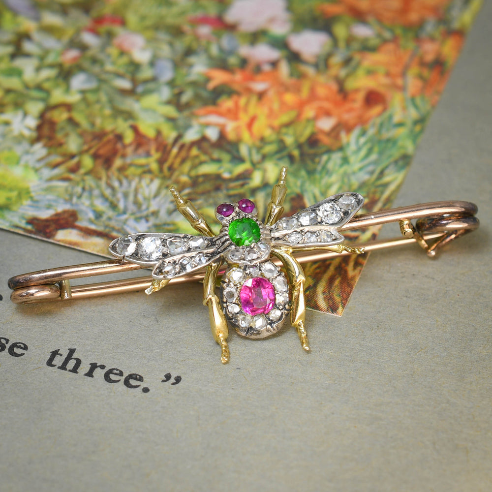 Victorian Demantoid Garnet, Burma Ruby & Diamond  Insect Brooch