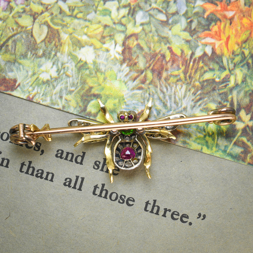 Victorian Demantoid Garnet, Burma Ruby & Diamond  Insect Brooch
