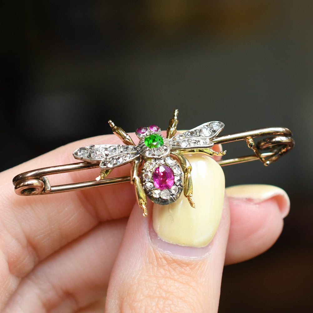 Victorian Demantoid Garnet, Burma Ruby & Diamond  Insect Brooch