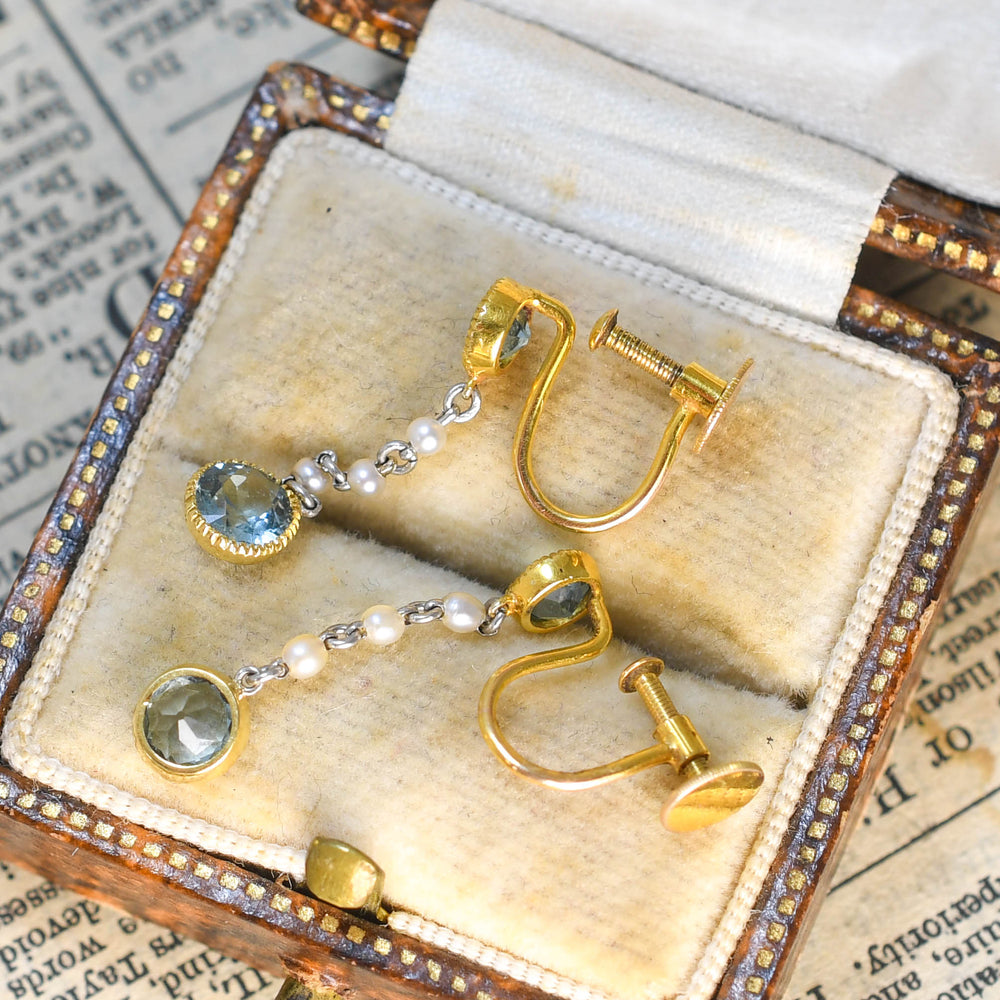 Edwardian Aquamarine & Pearl Drop Earrings