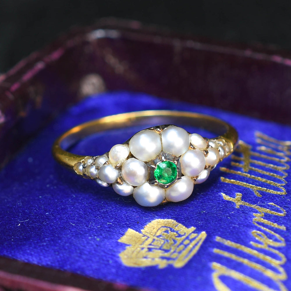 Georgian Emerald & Pearl Cluster Locket Ring