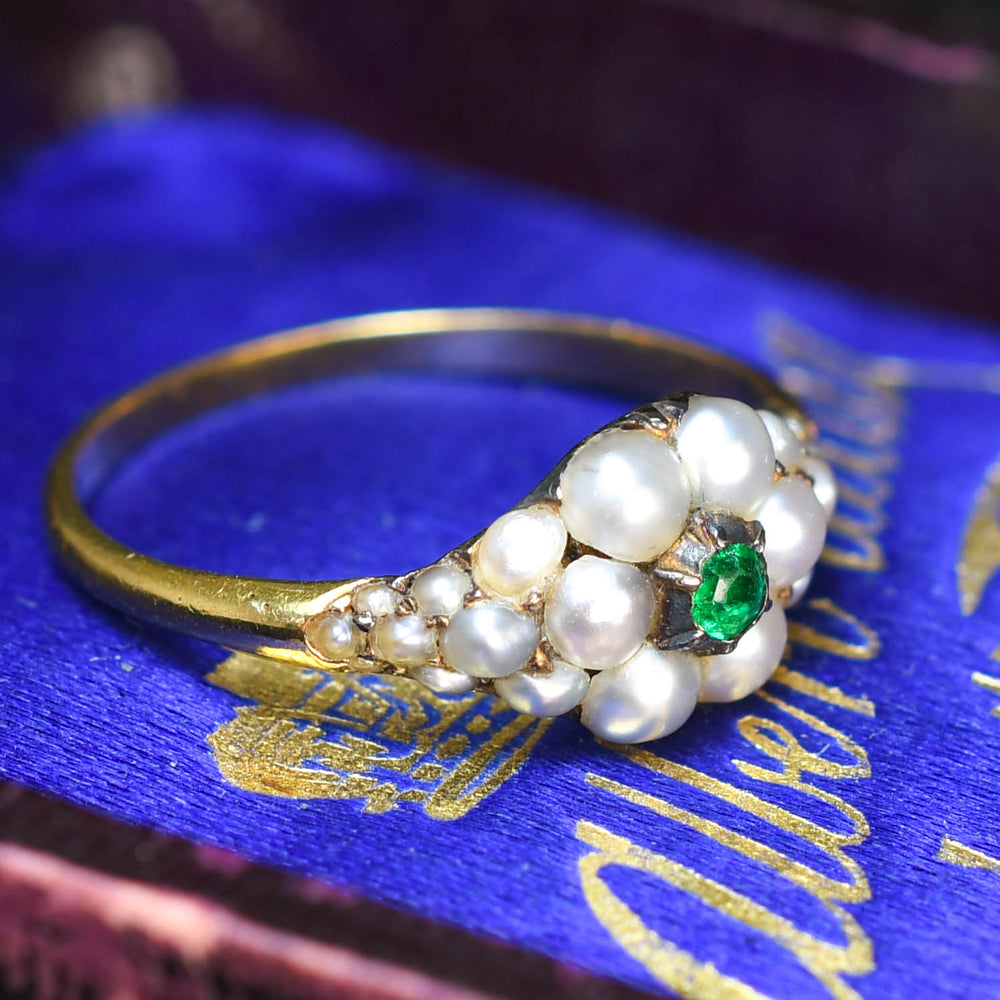 Georgian Emerald & Pearl Cluster Locket Ring