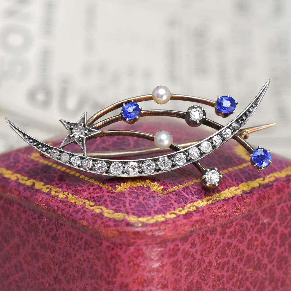 Victorian Celestial Shooting Star & Crescent Moon Brooch
