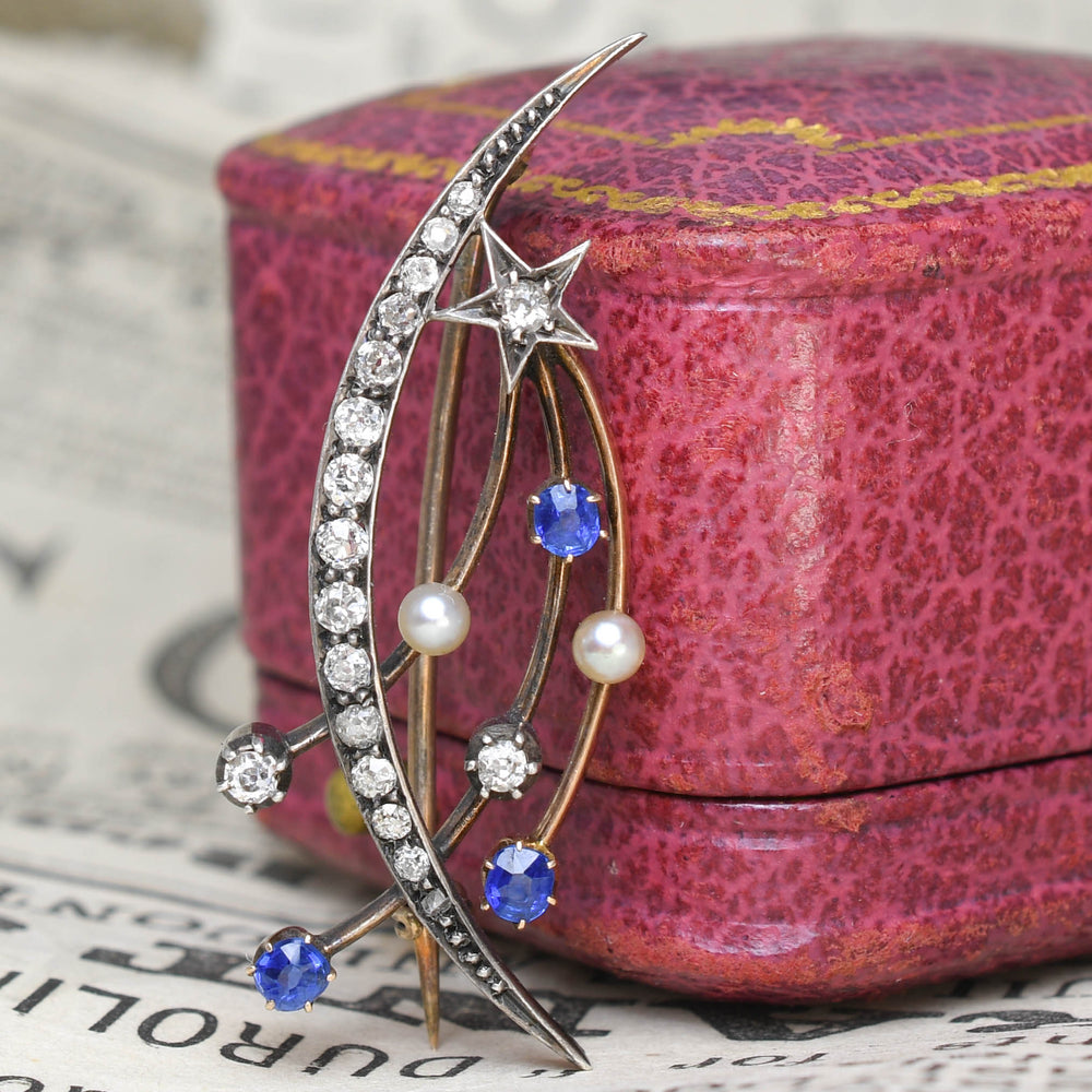 Victorian Celestial Shooting Star & Crescent Moon Brooch