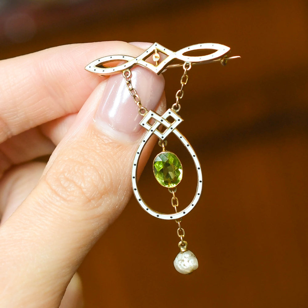 Art Nouveau Peridot, Pearl & Enamel Brooch by Liberty & Co