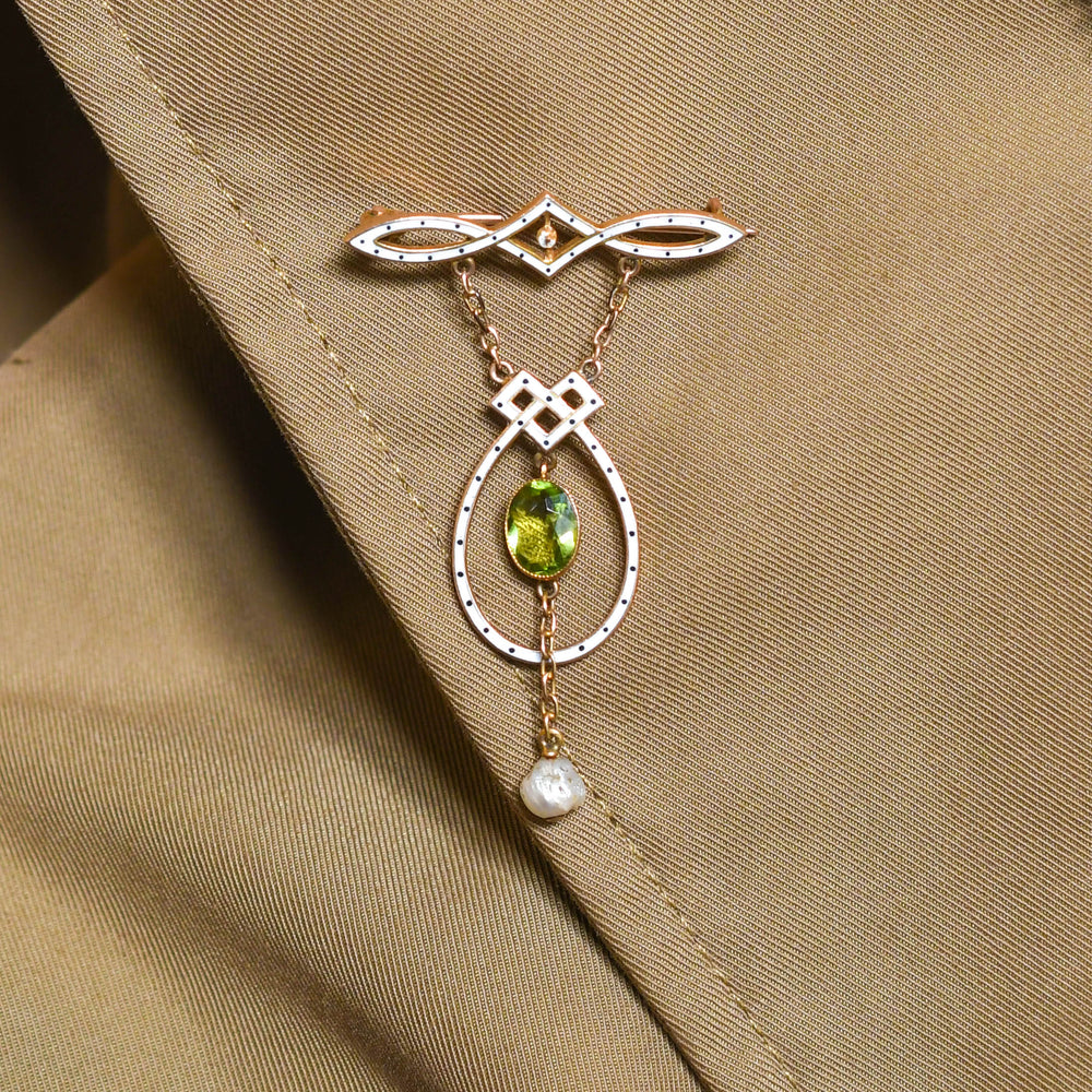 Art Nouveau Peridot, Pearl & Enamel Brooch by Liberty & Co