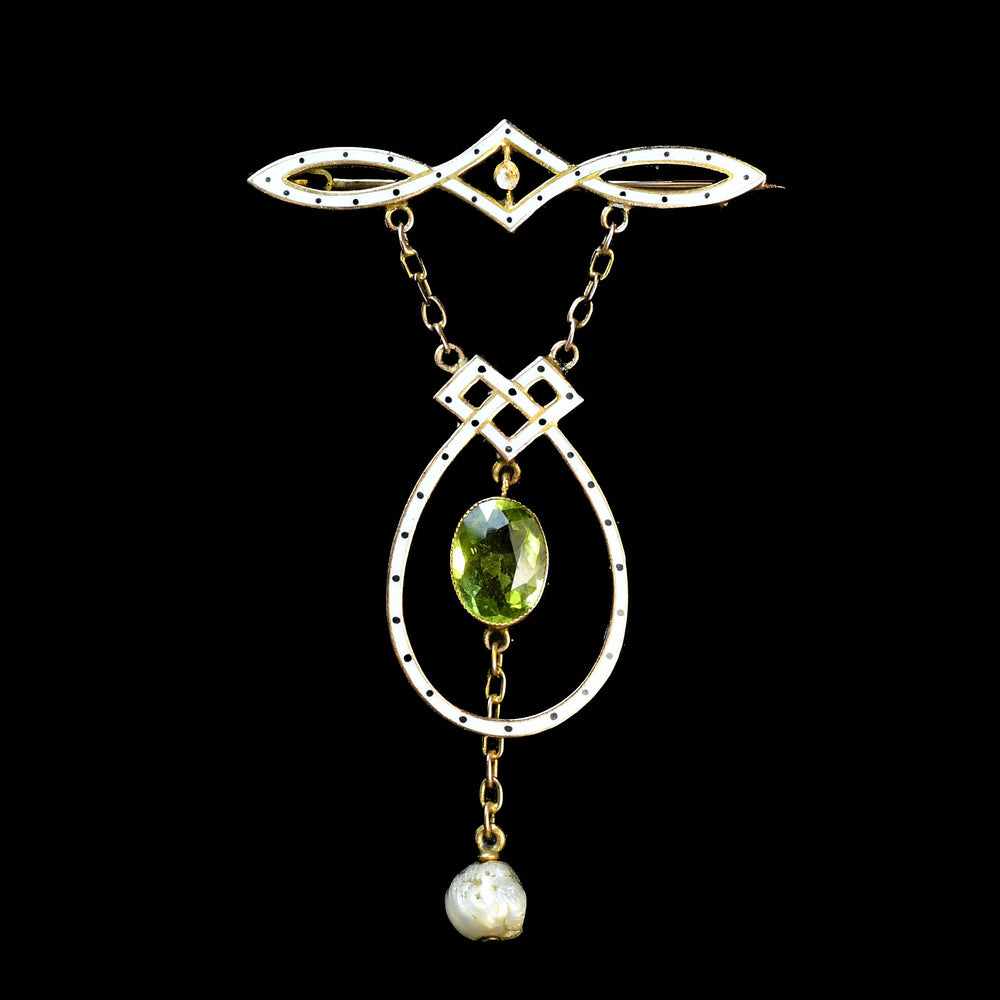 Art Nouveau Peridot, Pearl & Enamel Brooch by Liberty & Co