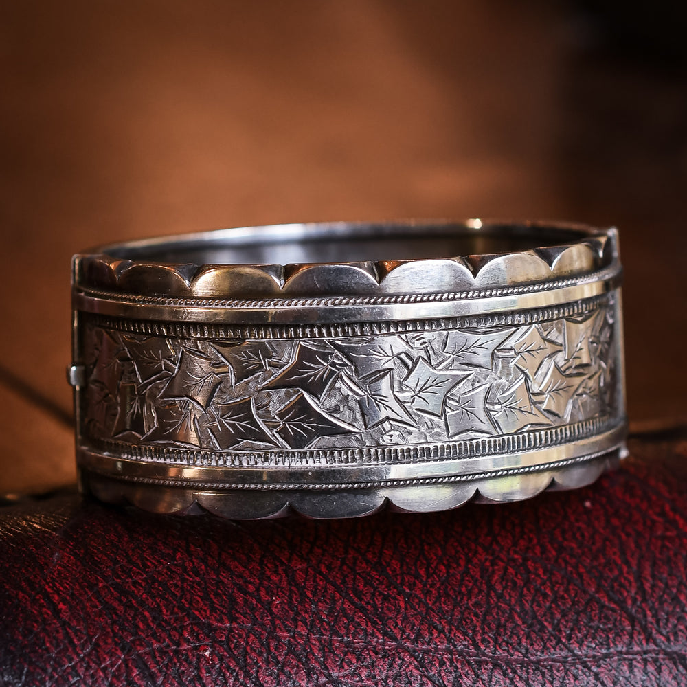 Victorian Silver Ivy Leaf Cuff Bangle
