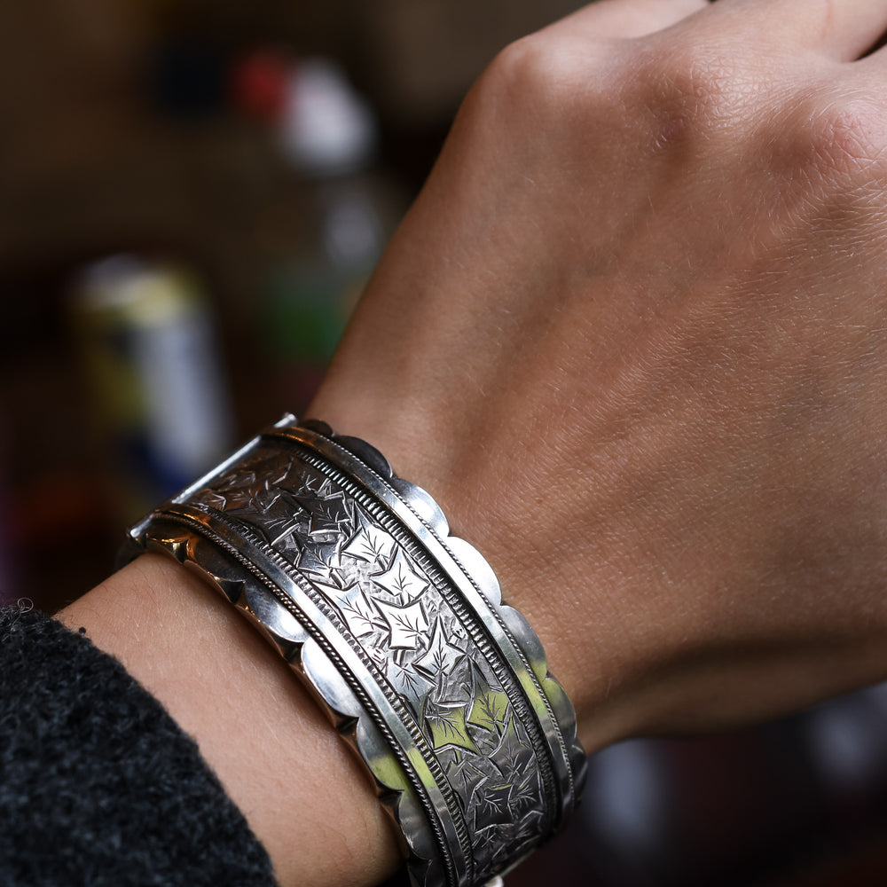 Victorian Silver Ivy Leaf Cuff Bangle