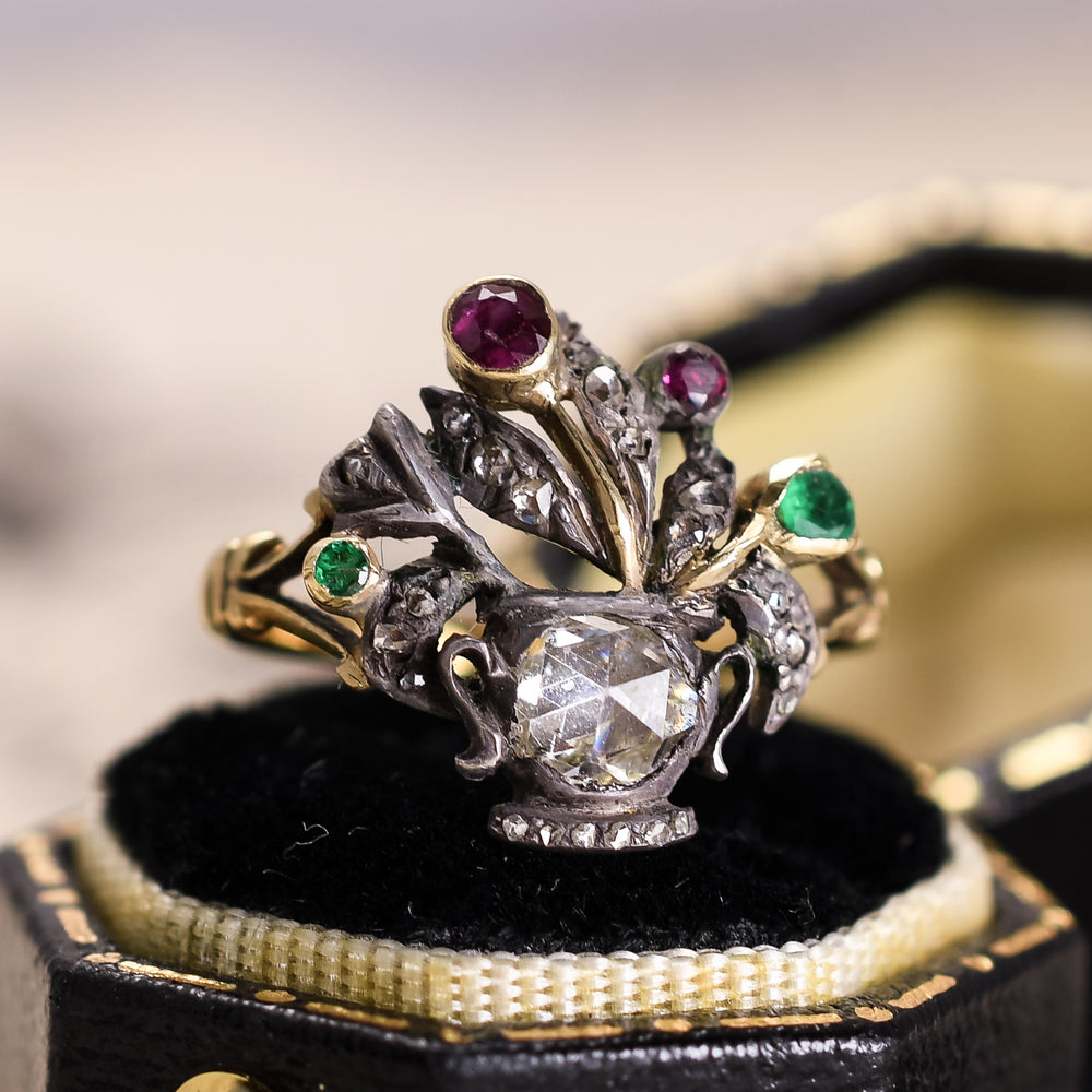 Georgian Diamond, Ruby & Emerald Giardinetti Ring