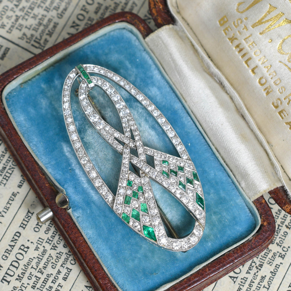 Art Deco Emerald & Diamond Ribbon Openwork Brooch
