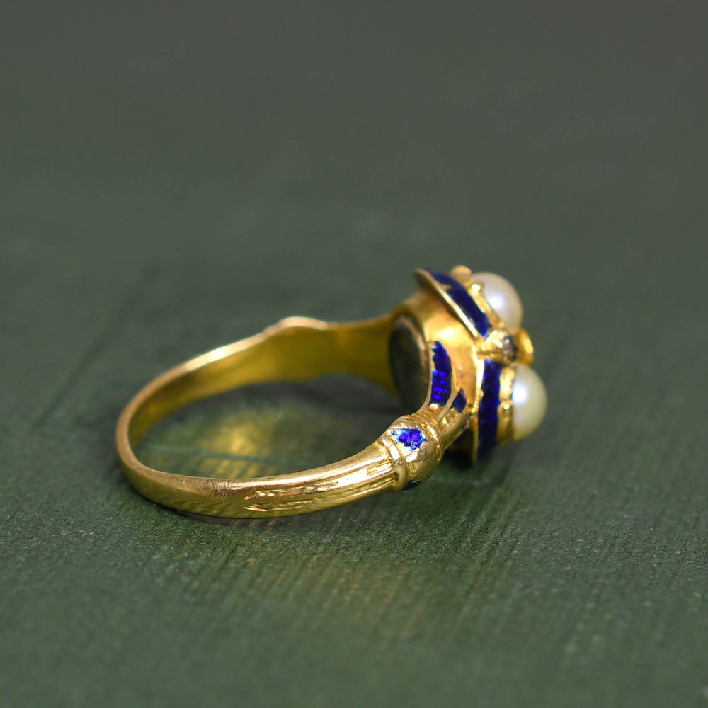 Georgian Trefoil Pearl & Guilloché Enamel Locket Ring