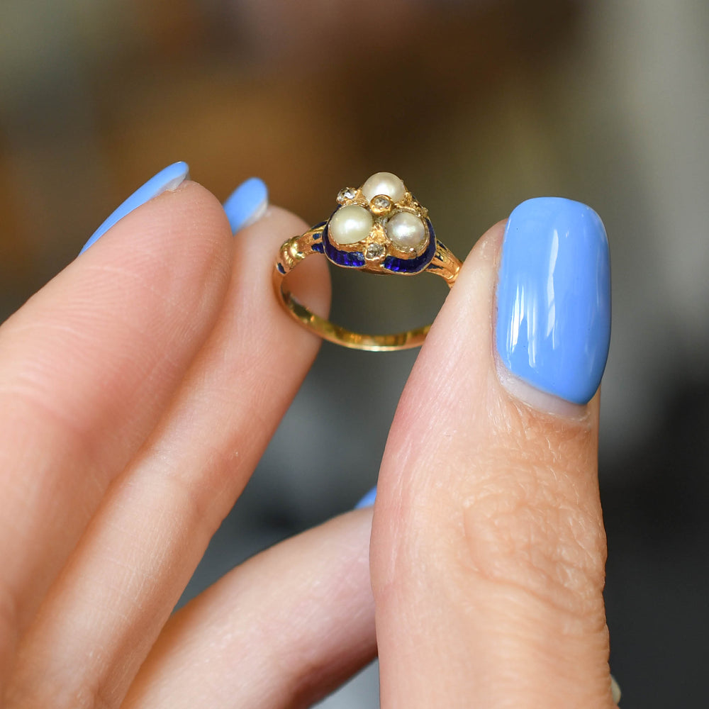 Georgian Trefoil Pearl & Guilloché Enamel Locket Ring