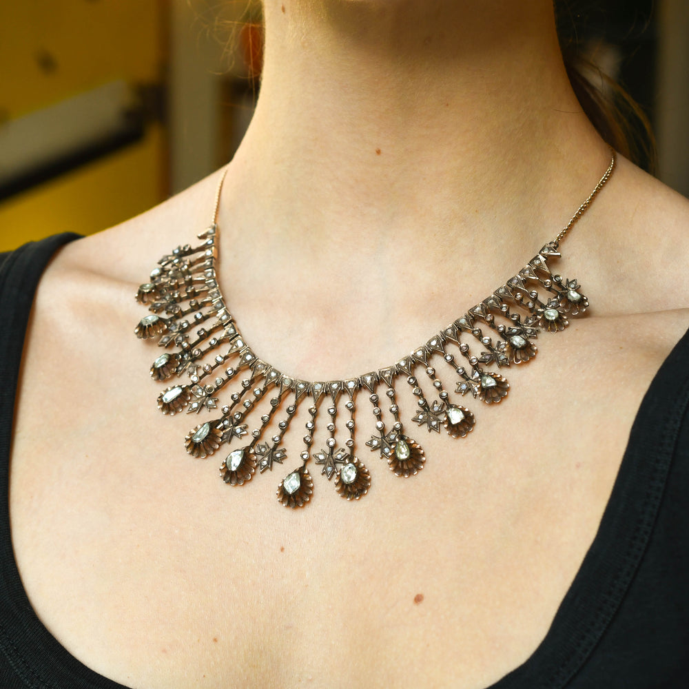 19th Century Boxed European Diamond Fringe Necklace