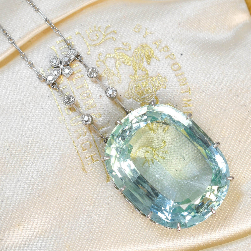 Edwardian 42.96ct Aquamarine Pendant & Diamond Chain