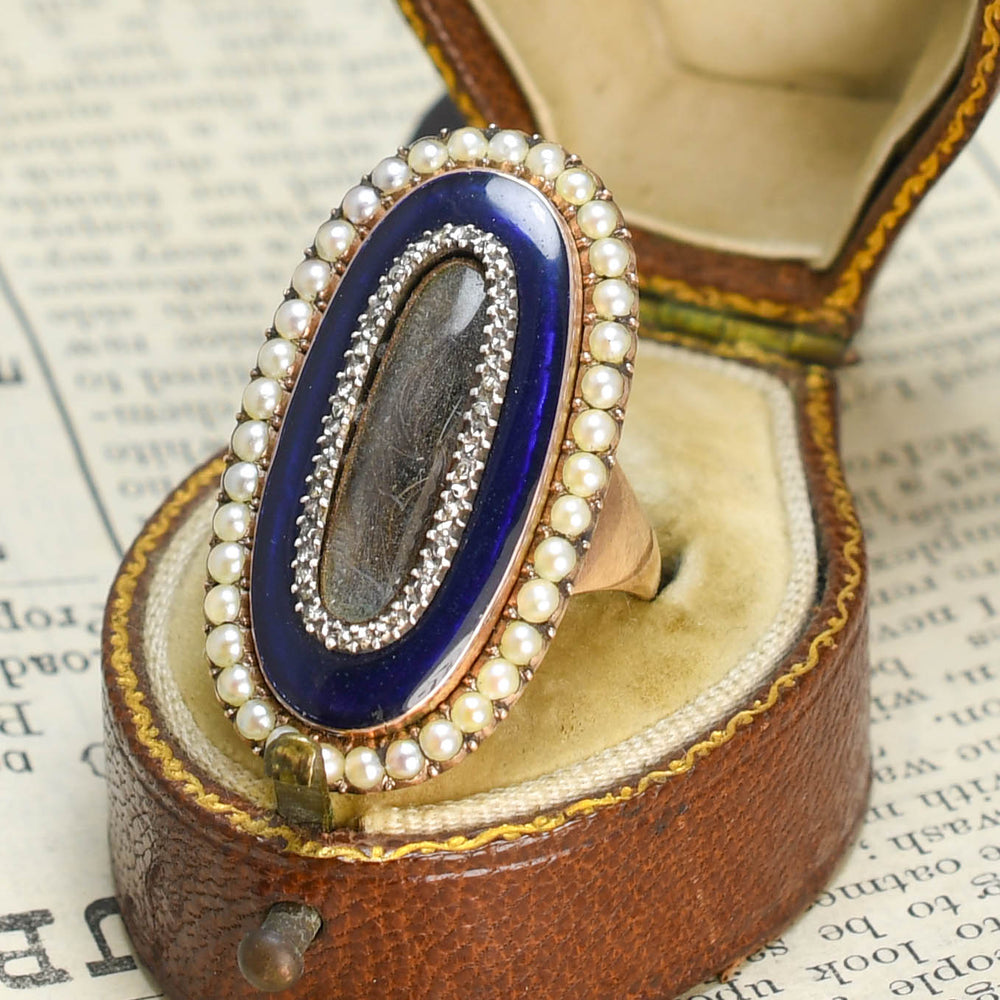 Georgian Pearl, Diamond & Enamel Locket Memorial Ring