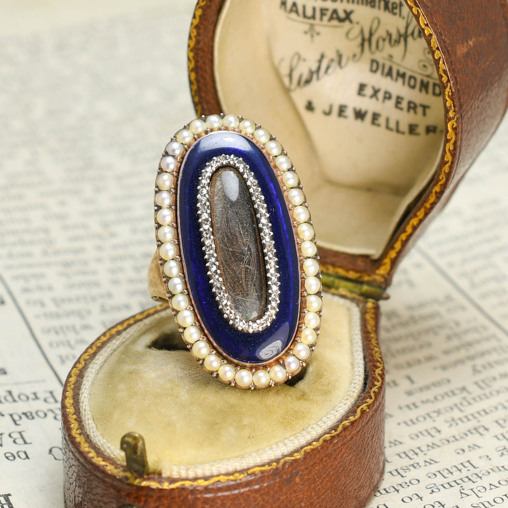 Georgian Pearl, Diamond & Enamel Locket Memorial Ring