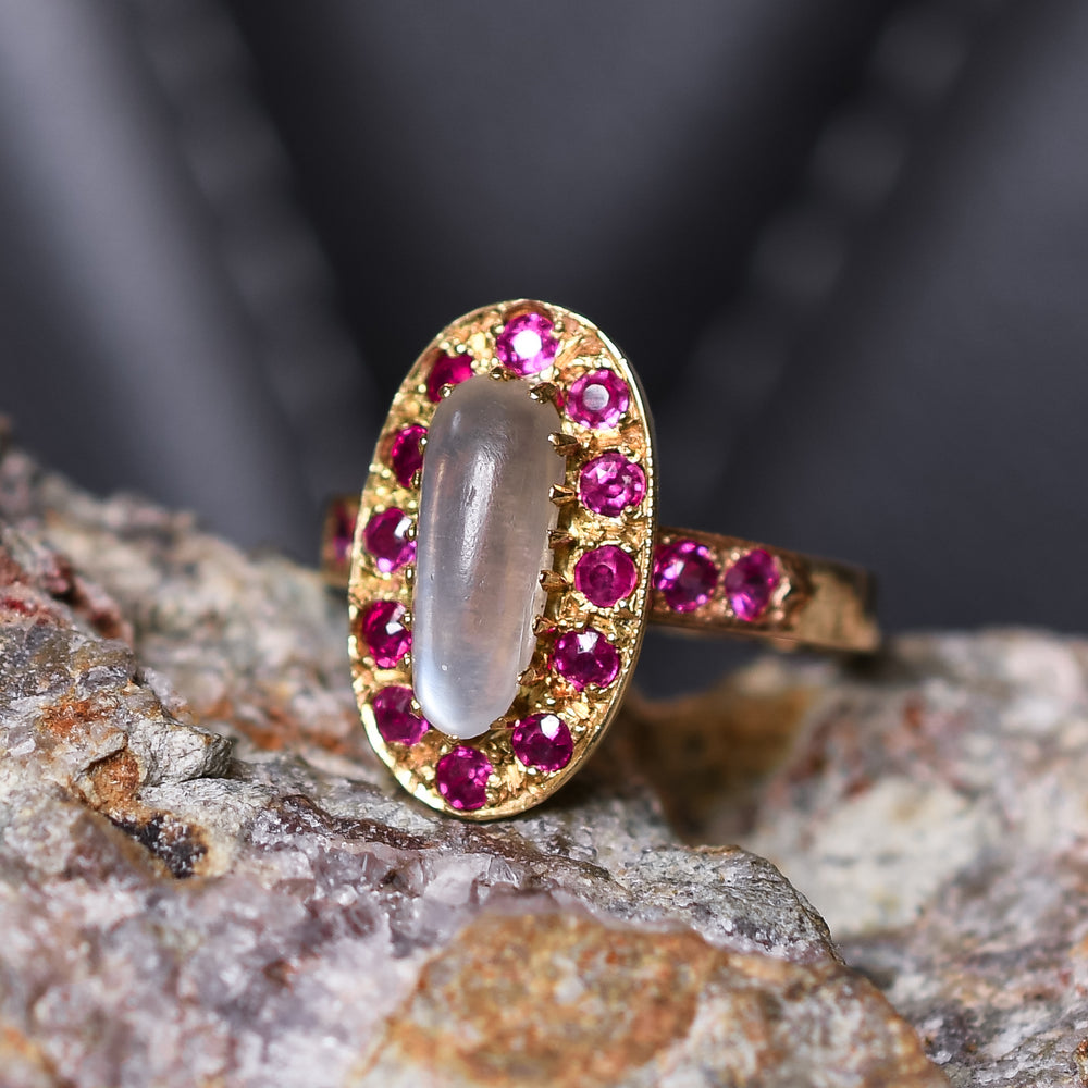 Mid-Century Ruby & Moonstone Cluster Ring