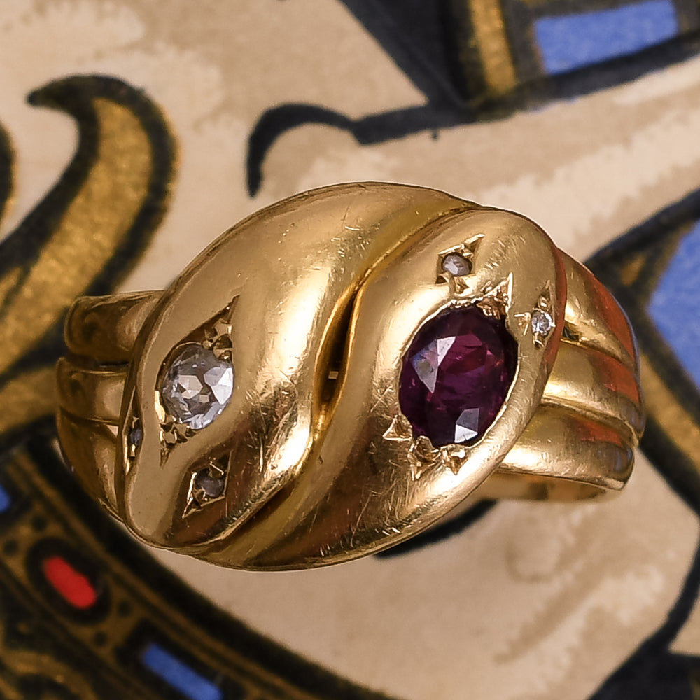 Victorian Diamond & Ruby Double Snake Ring