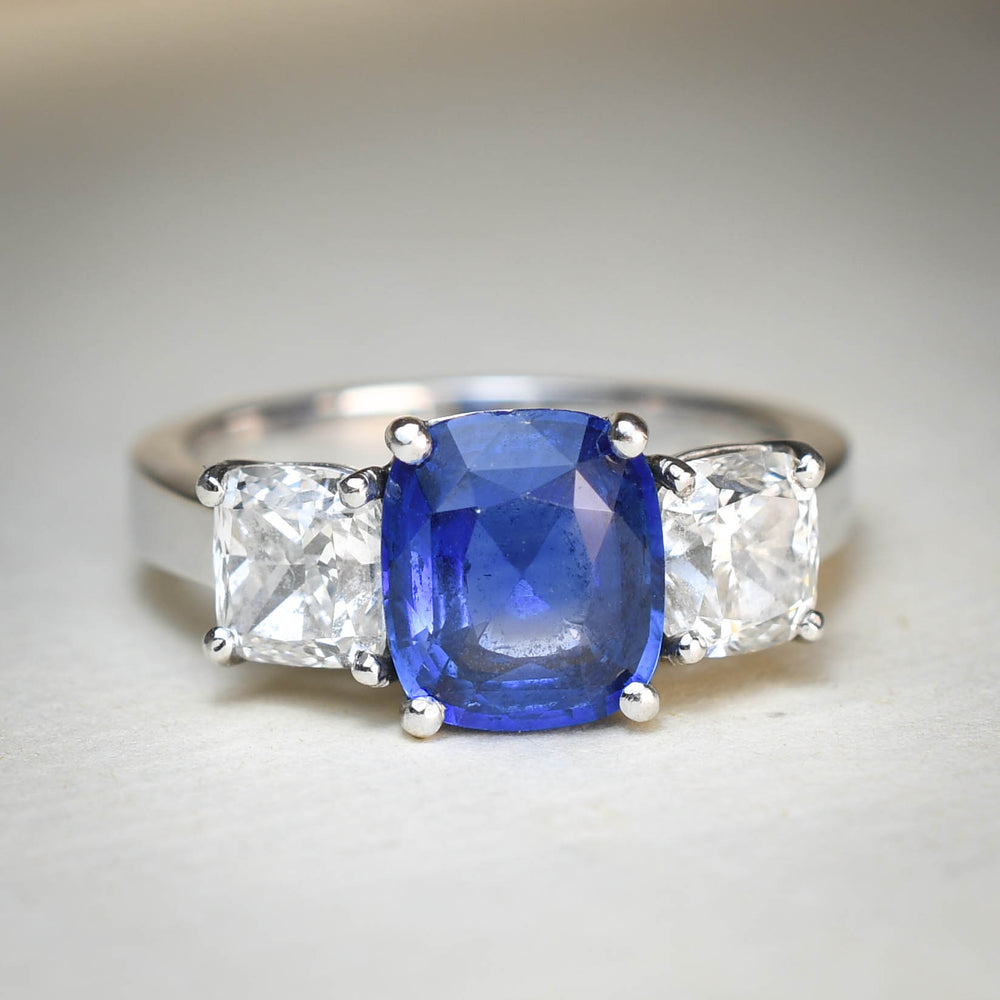 Contemporary Ceylon Sapphire & Diamond Trilogy Ring
