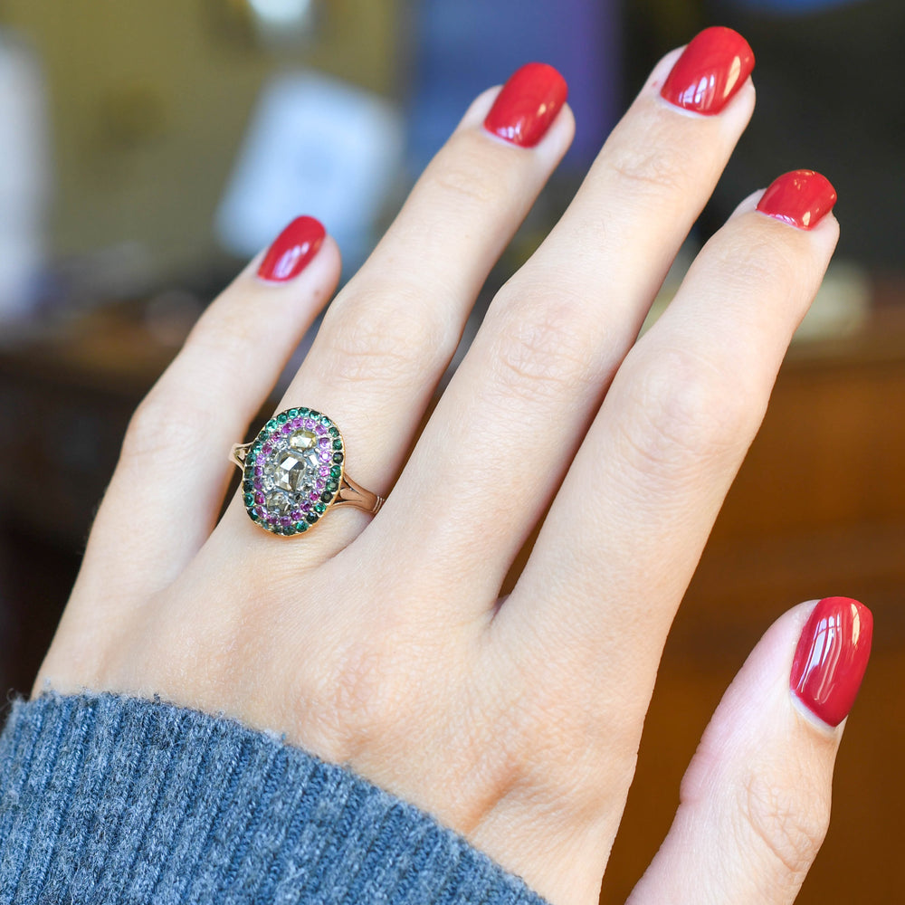 Georgian Rose Cut Diamond, Emerald & Ruby Target Cluster Ring