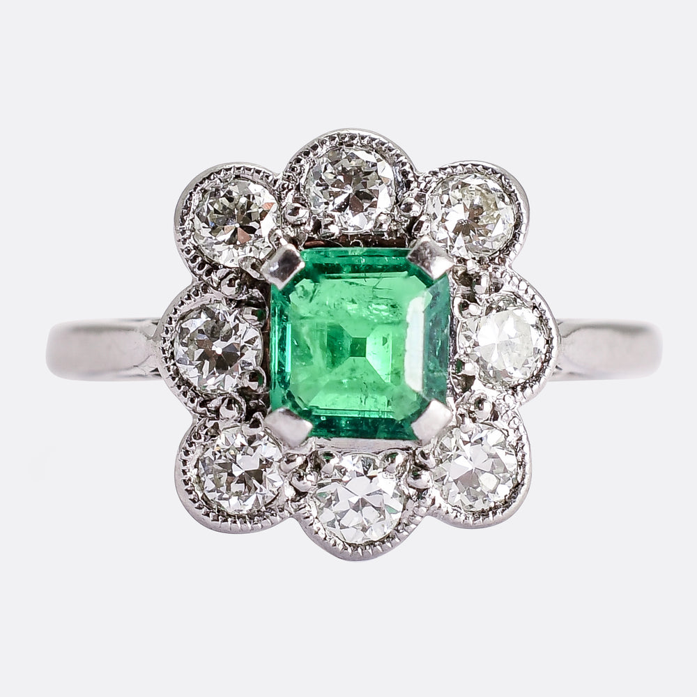 Art Deco Emerald & Diamond Cluster Ring
