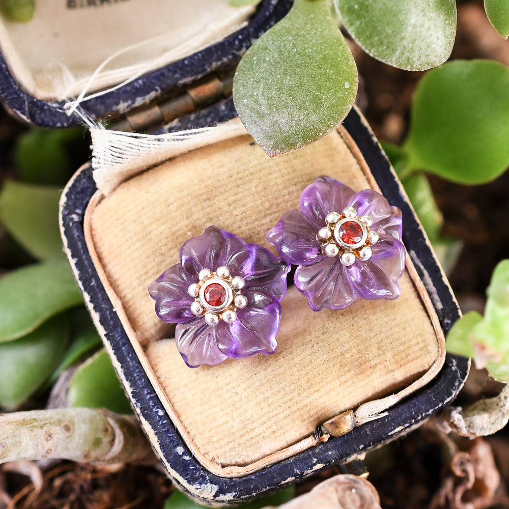 Vintage Carved Amethyst and Ruby Pansy Earrings