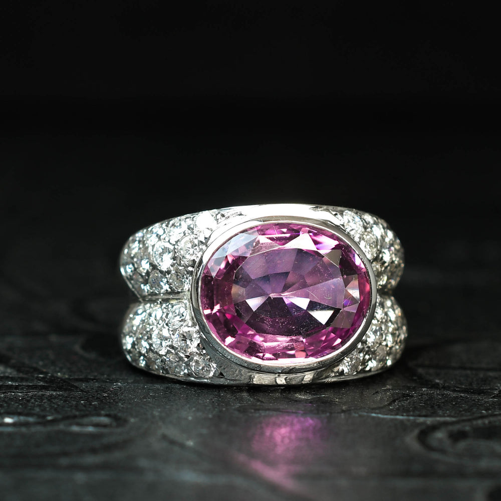 Vintage French 5.68ct Pink Topaz & Diamond Statement Ring