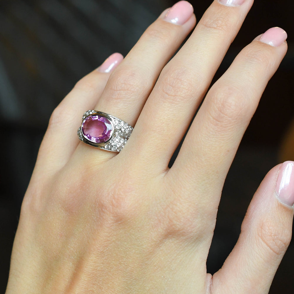 Vintage French 5.68ct Pink Topaz & Diamond Statement Ring