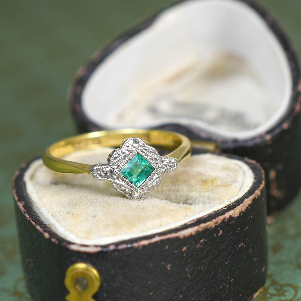 Edwardian Dainty Emerald & Diamond Cluster Ring